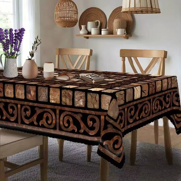 Vintage Stone Pattern Tablecloth | Brown With Ornate Floral Design, Polyester, Rectangular, Machine Made, Perfect For Traditional And Rustic Home Decor, Dining Table And Indoor Decoration, Multiple Sizes Available, Ultrasonic Embossing