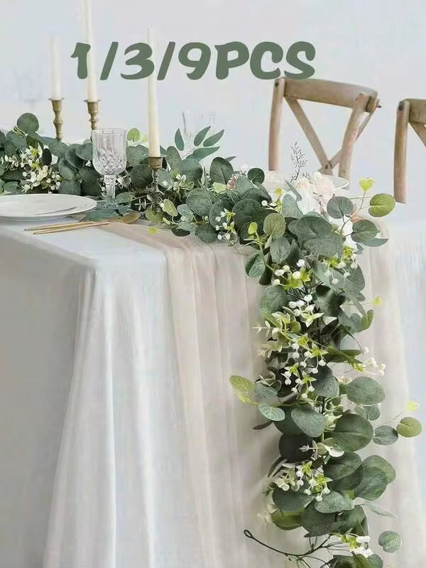 CHIGO 9/5/3/1pc Artificial Eucalyptus Vine Greenery Table Flower, Realistic With White Flowers Fake Vine For Wedding Party Decoration, Hanging Greenery Wall Decor, Mother's Day Party Decoration, Outdoor And Indoor Wall Decoration